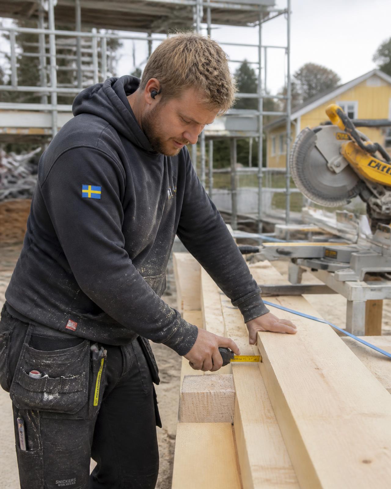 Snickare som mäter upp virke på en byggarbetsplats